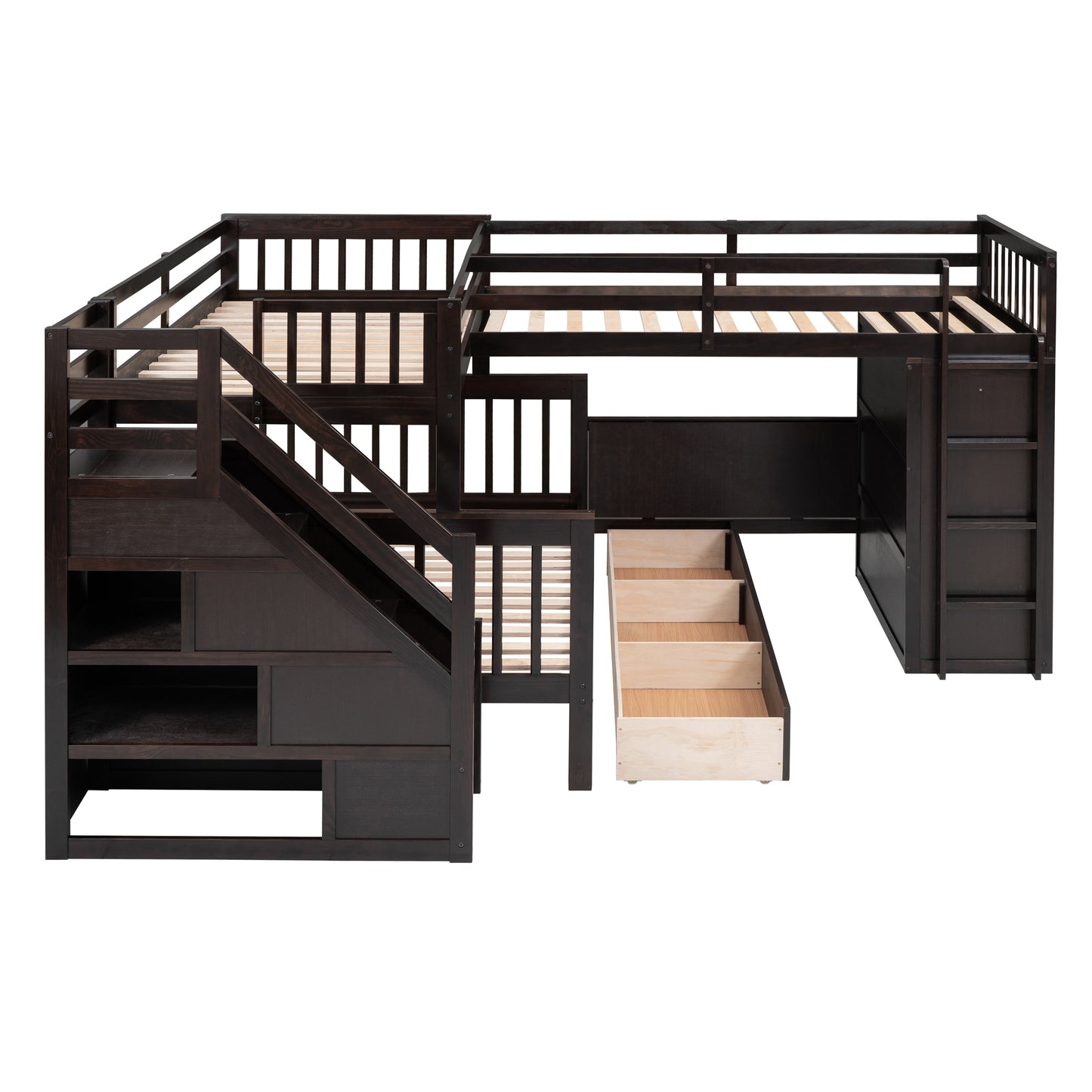 Espresso L-Shaped Bunk Bed with Storage Drawers, Desk, Wardrobe and Maximized Space