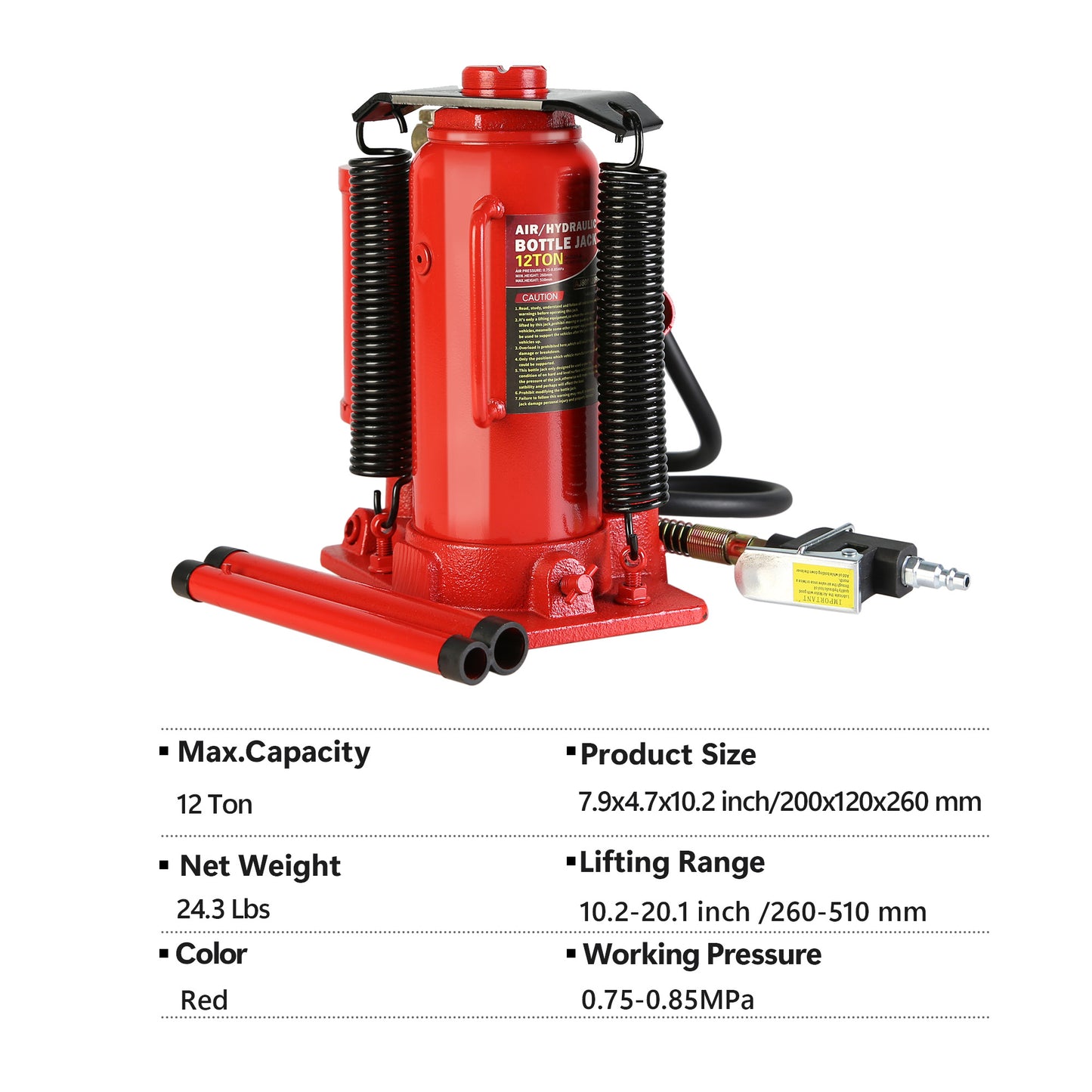 12-Ton Air Hydraulic Bottle Jack with 2-Section Long Handle