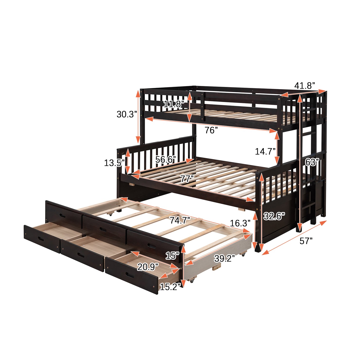 Rustic Three-Bedroom Bunk Bed with Trundle and Drawers - Espresso