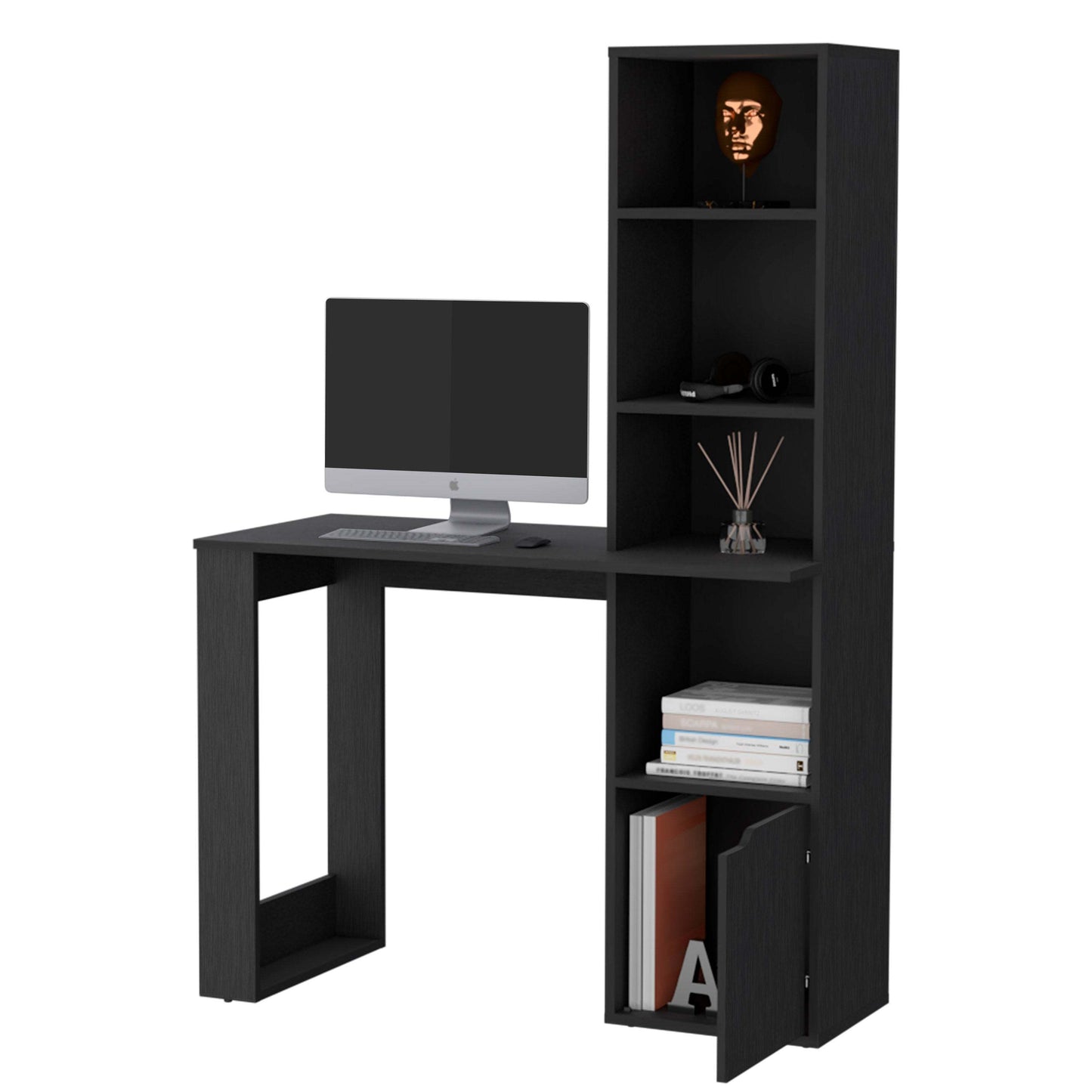 Modern Black Computer Desk with 4-Tier Bookcase and Cabinet