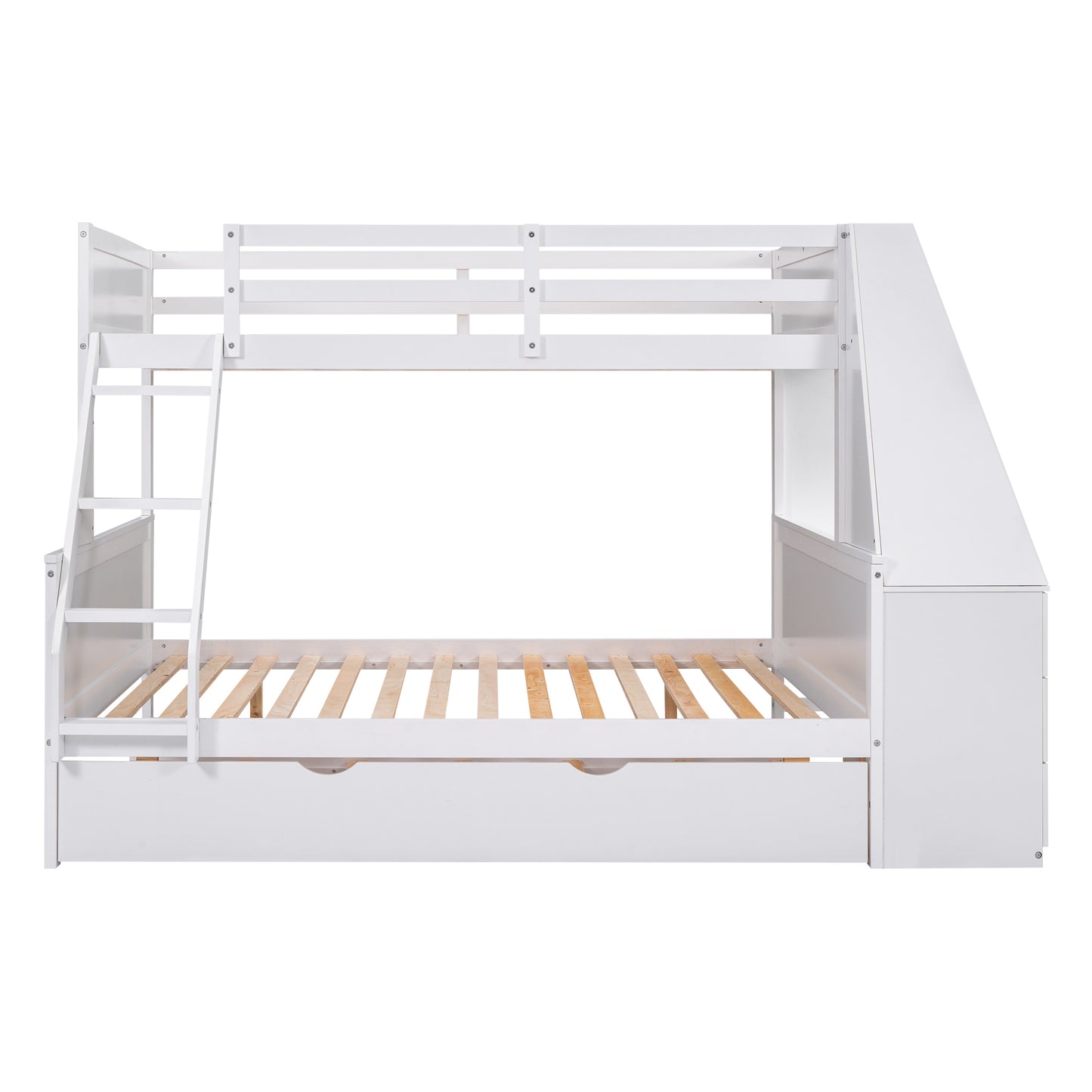 Space-Saving Twin over Full Bunk Bed with Built-in Desk and Trundle - White