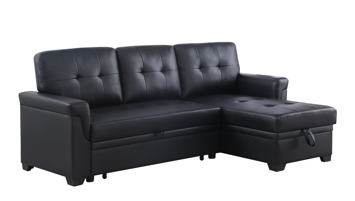 Lexi Modern Black Vegan Leather Sectional Sofa with Sleeper and Storage Chaise