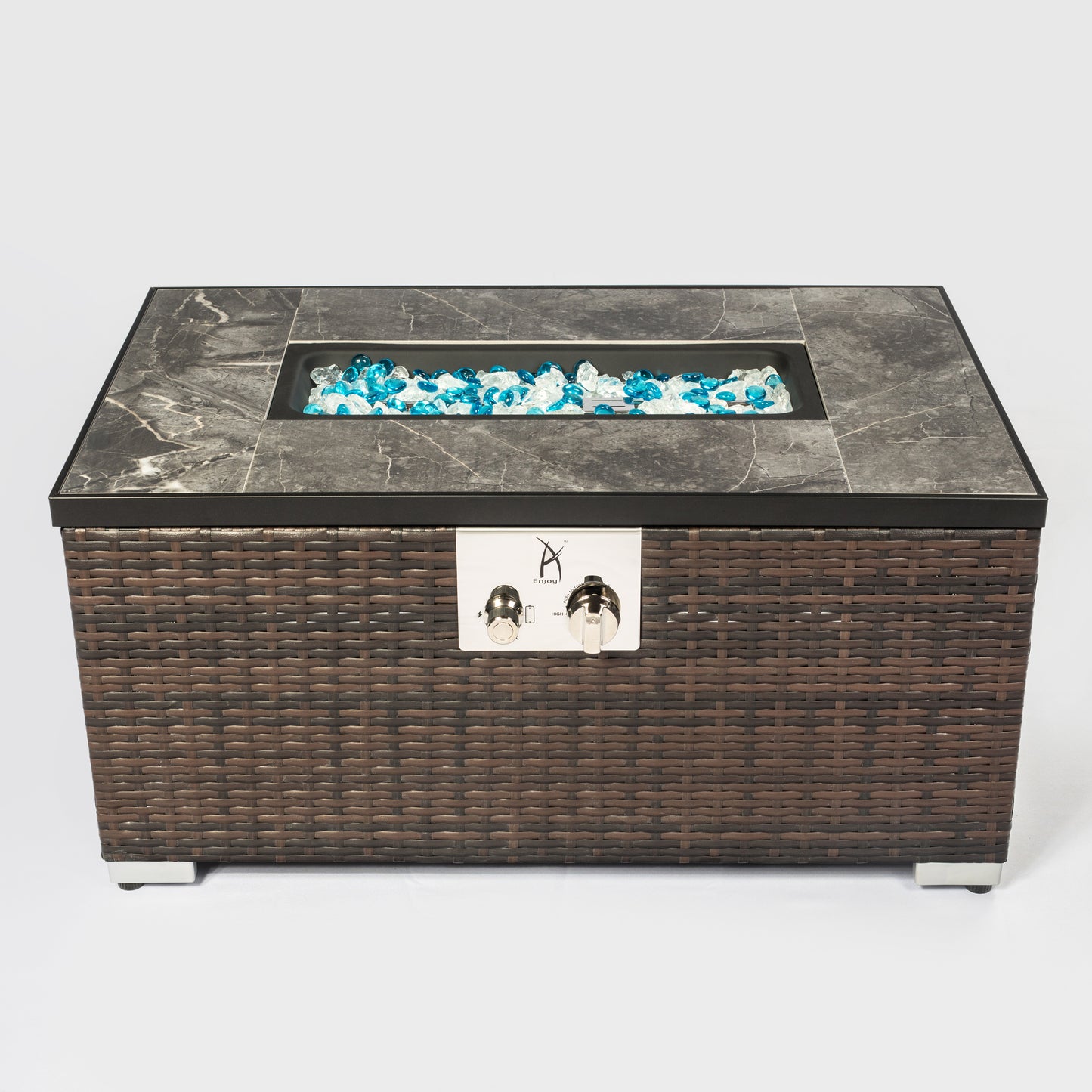 Rectangle Propane Fire Pit Table with Wicker Body and Ceramic Tile Top