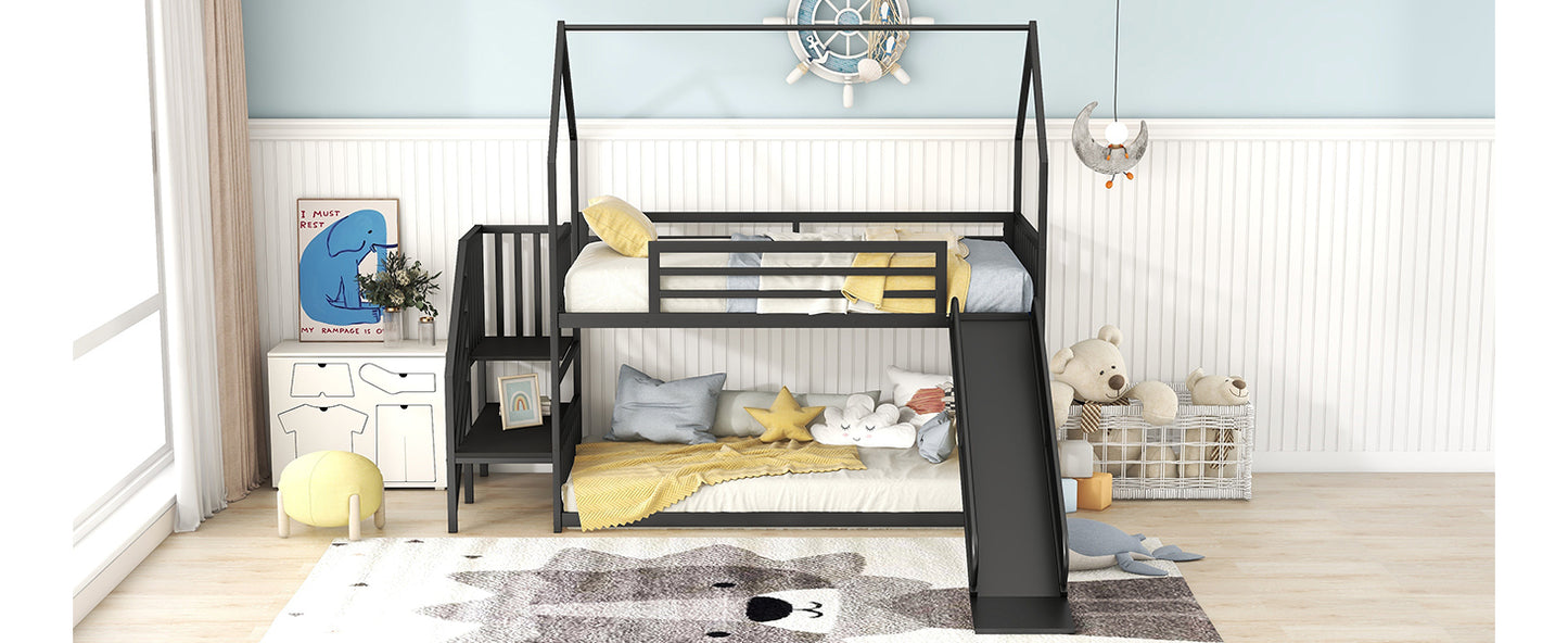 Kids Black Metal Twin Bunk Bed House with Slide and Storage Staircase