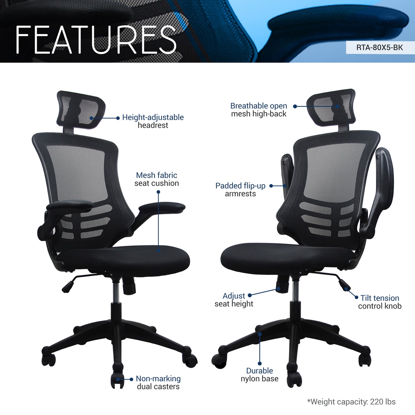 Modern High-Back Mesh Executive Office Chair with Headrest and Flip-Up Arms, Black