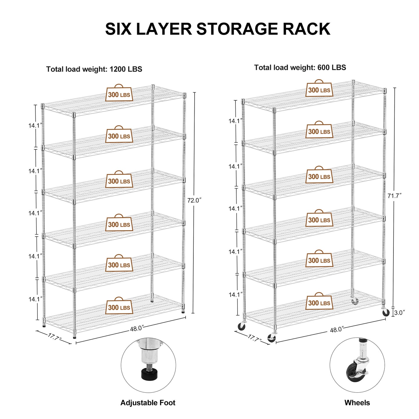 6 Tier Chrome Plated Heavy Duty Adjustable Shelves and Racks, Each Wire Shelf Holds 300 lbs, Ideal for Warehouses, Supermarkets, Balconies or Kitchens, 48.03 "L × 17.72 "W × 71.65 "H.