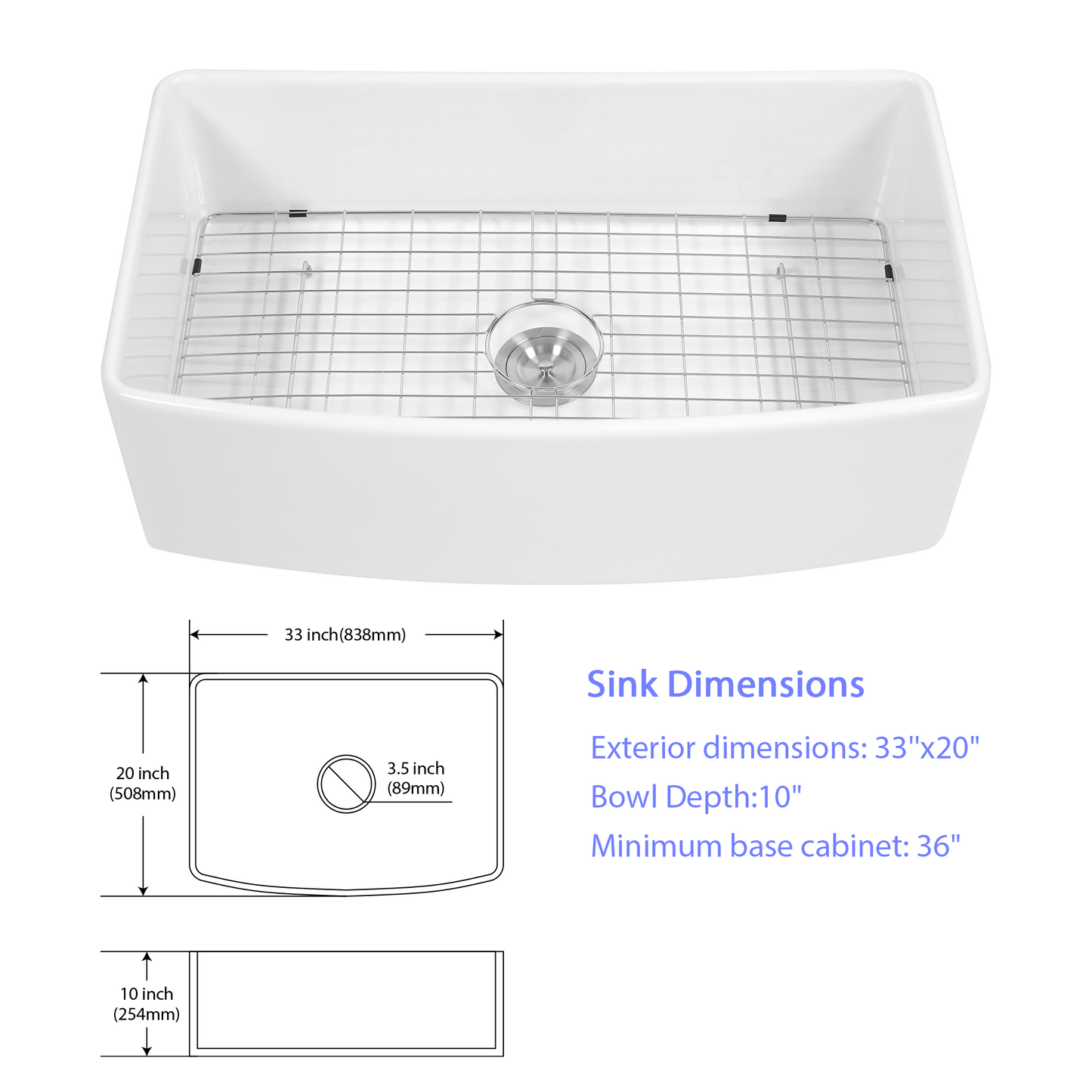 33 White Ceramic Farmhouse Kitchen Sink with Arch Edge Design