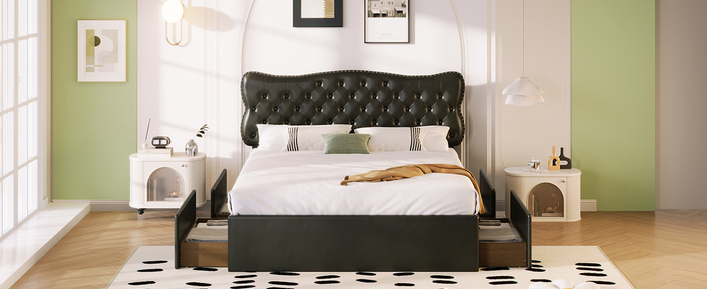 Queen Size Bed Frame with 4 Storage Drawers,Leather Upholstered Platform Heavy Duty Bed,Wood Slat Support,Black