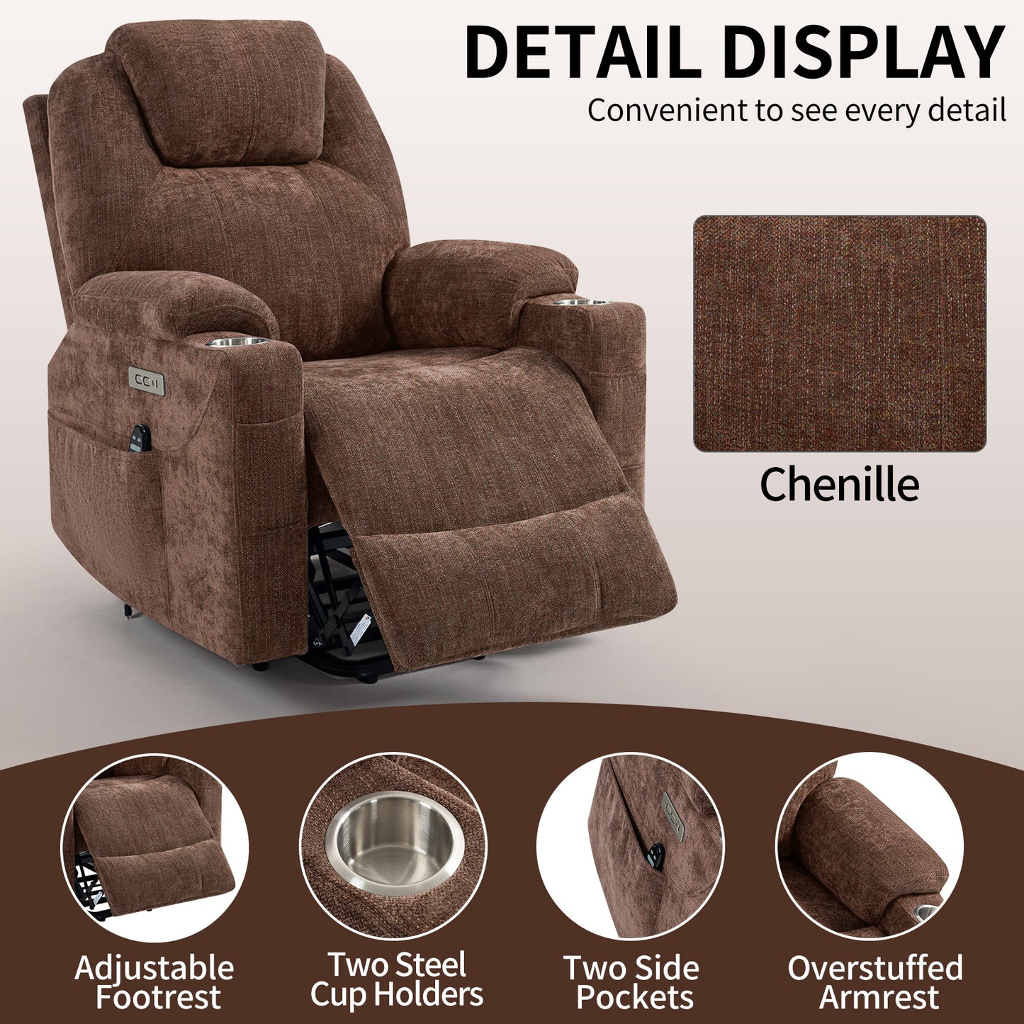 Okin Motor Chenille Power Lift Recliner Chair with Massage, Heating, USB Ports, and Cup Holders - Brown