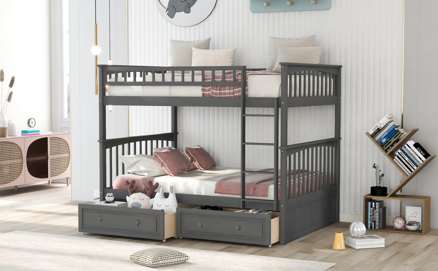 Gray Twin over Twin Bunk Bed with Convertible Drawers