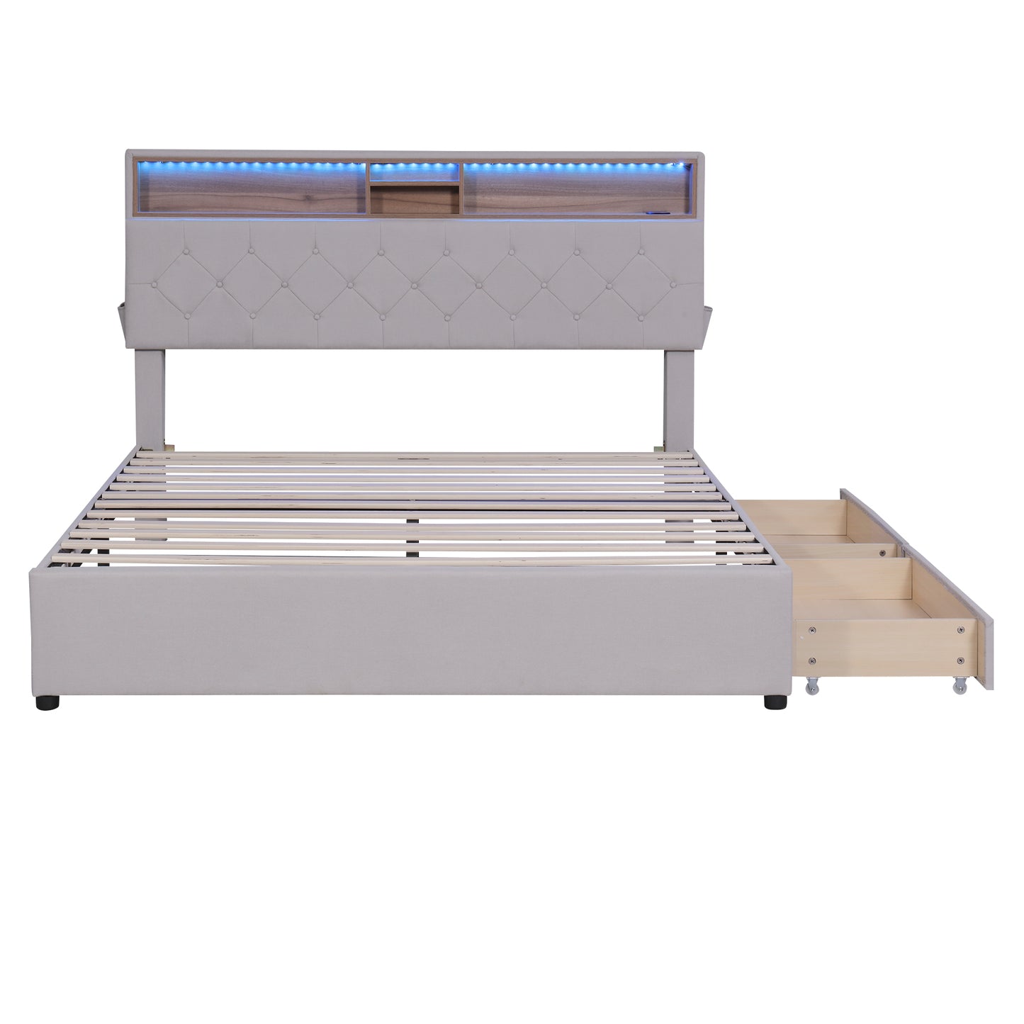 Queen Size Upholstered Platform Bed with Storage Headboard, LED, USB Charging and 2 Drawers, Beige