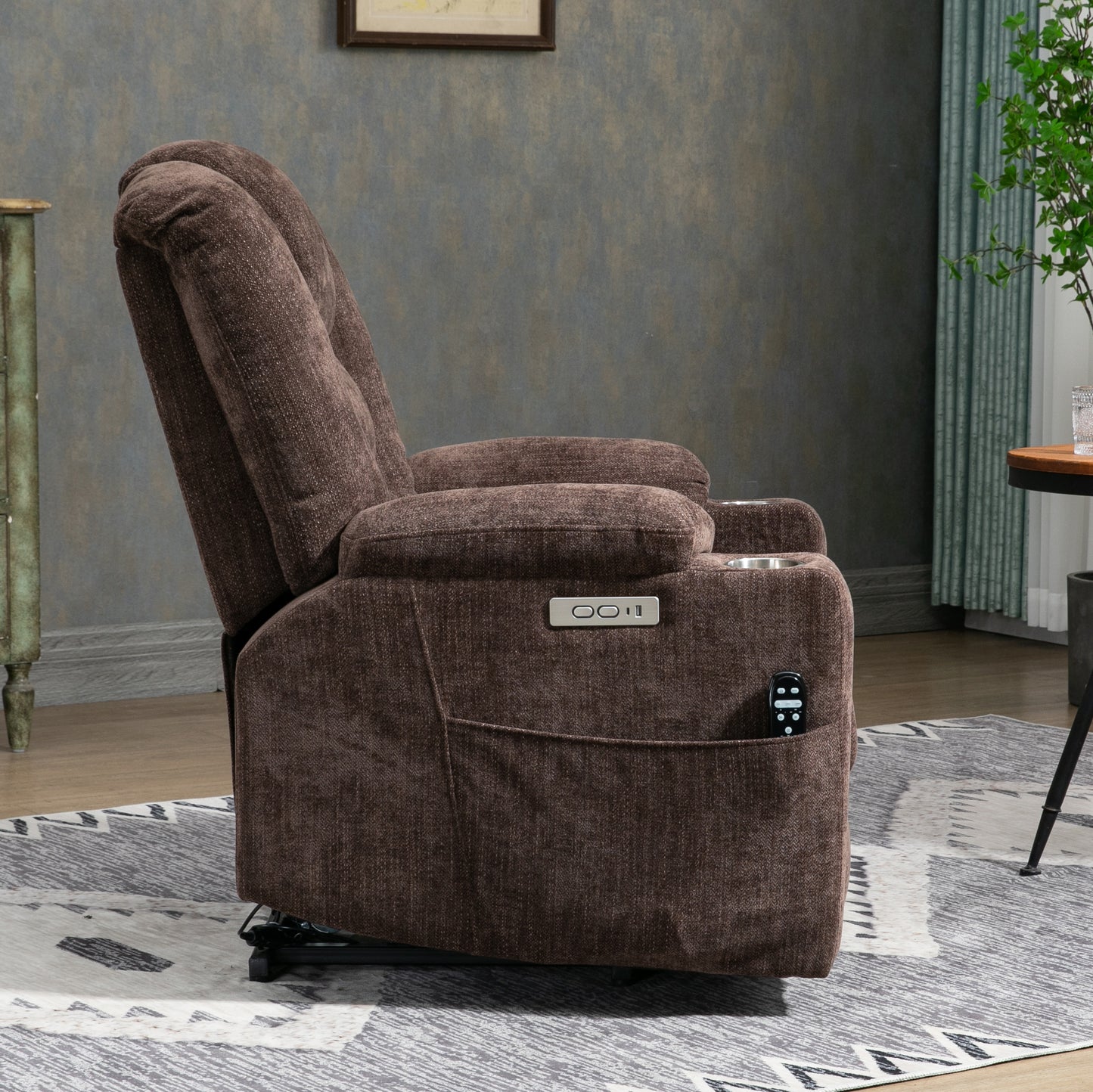 EMON'S Large Power Lift Recliner Chair with Massage and Heat, Overstuffed Wide Recliner with USB and Type C Ports, Brown