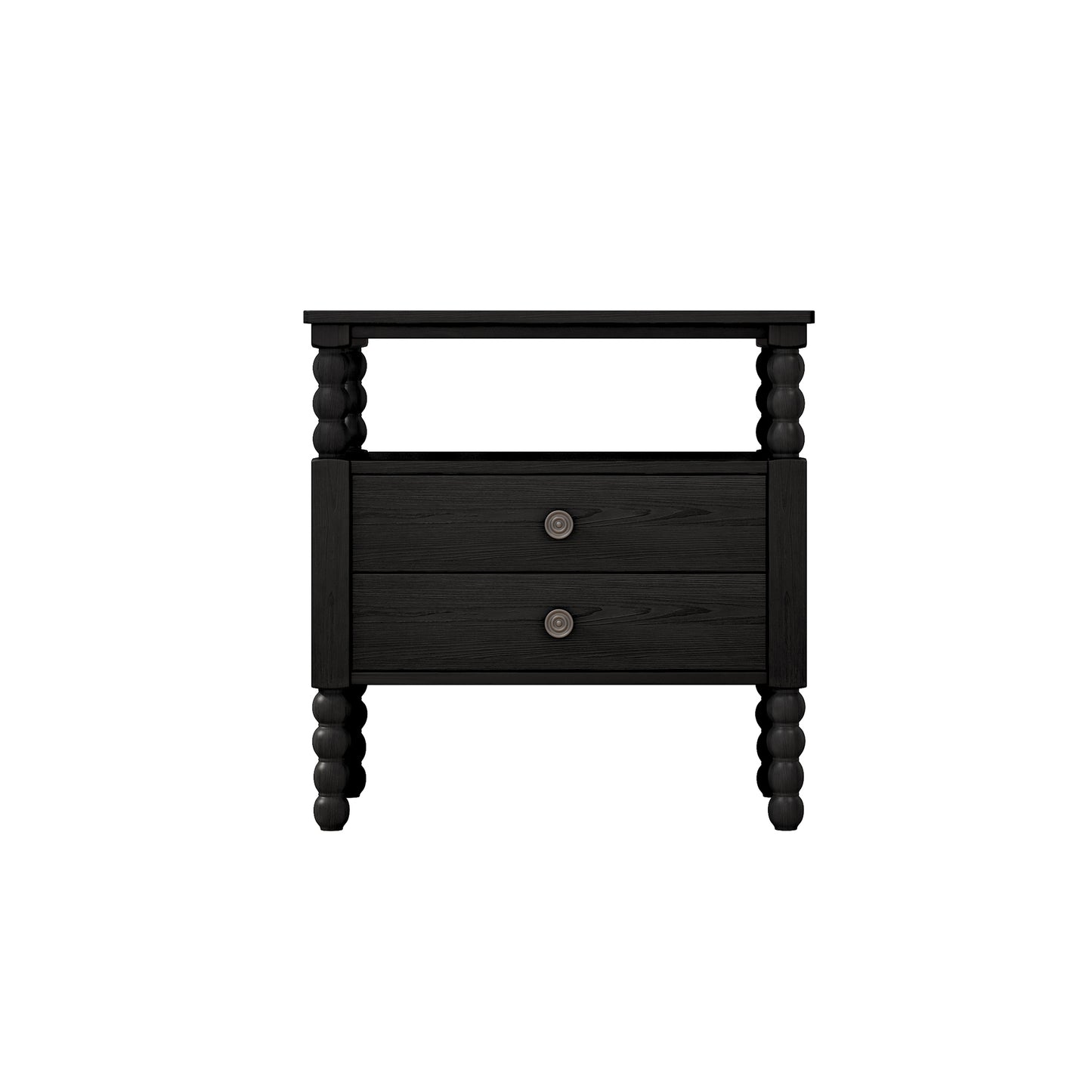 Gourd Shaped Leg 2 Drawer Nightstand, Antique Black