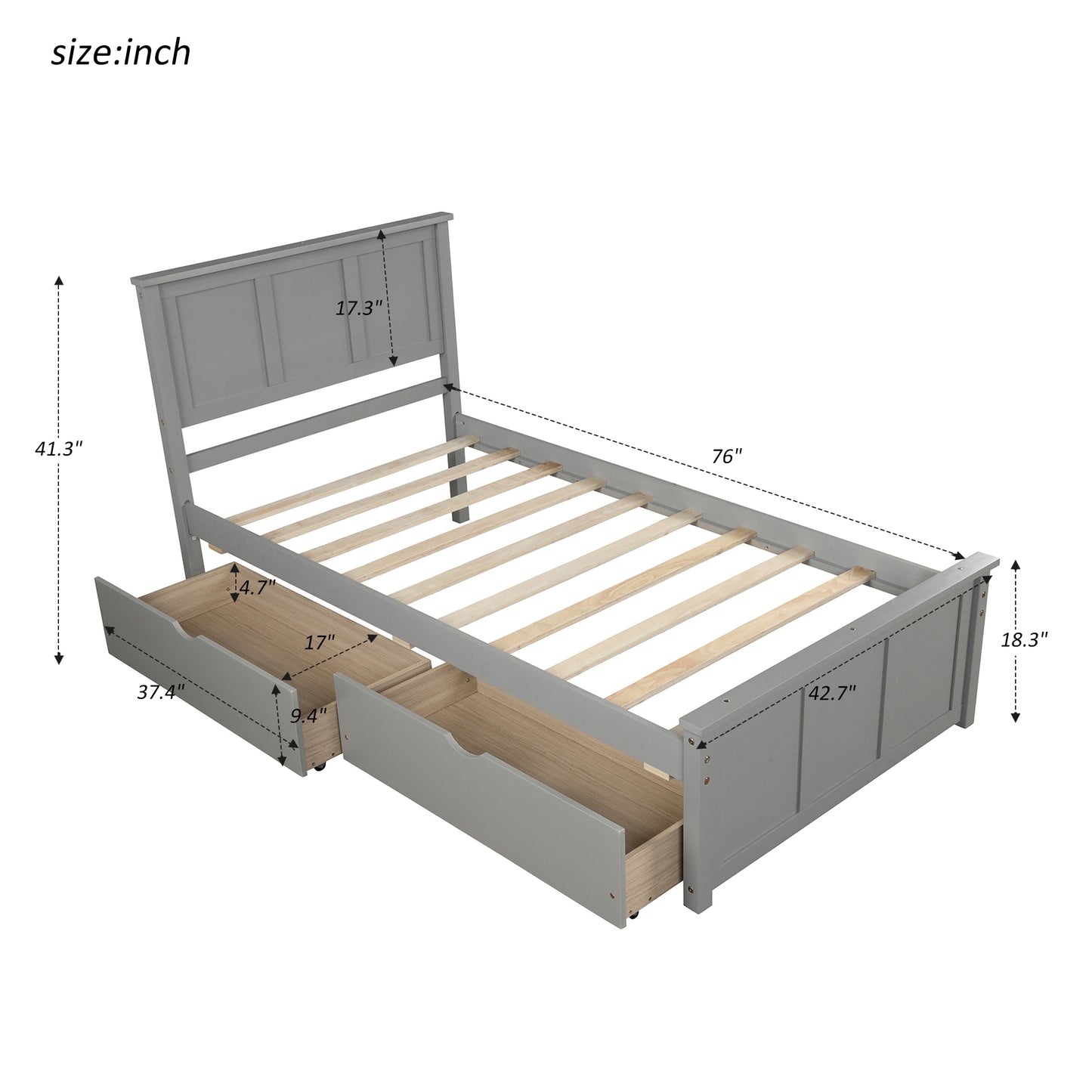 Platform Storage Bed, 2 drawers with wheels, Twin Size Frame, Gray (New SKU: WF283062AAE)