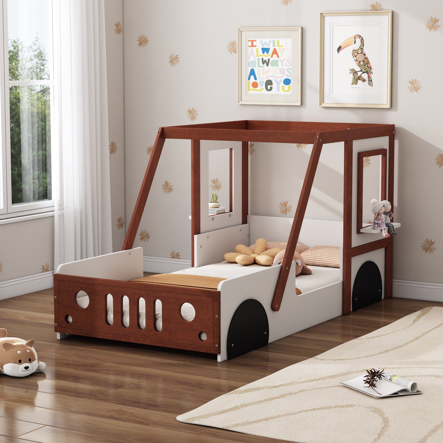 Fun Play Design Twin Size Car Bed, Kids Platform Bed in Car-Shaped for Kids Boys Girls Teens,White+ Orange