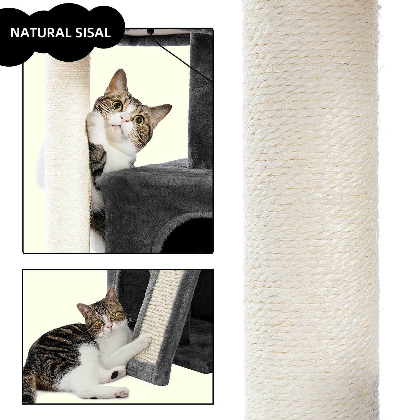 Cat Tree Luxury 34 Inches Cat Tower with Double Condos, Spacious Perch, Fully Wrapped Scratching Sisal Posts and Replaceable Dangling Balls Gray