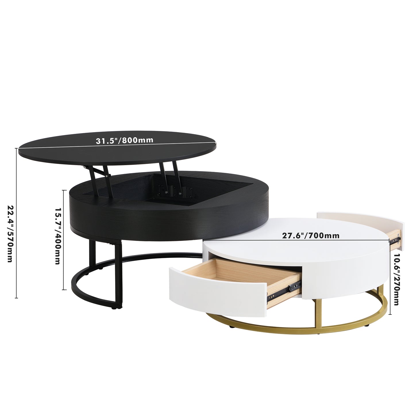 Contemporary 2-Drawer Lift-Top Round Coffee Tables in White & Black