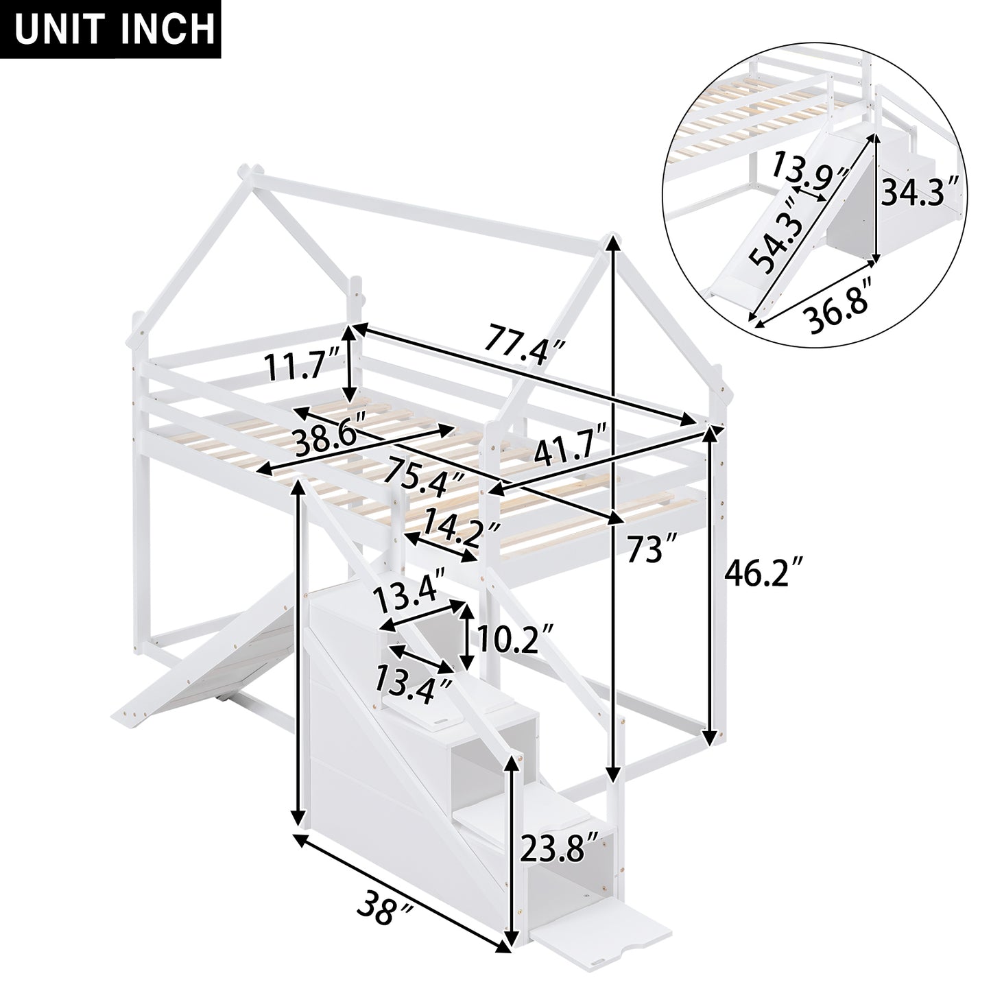 White Twin over Twin House Loft Bunk Bed with Slide, Staircase, Storage, and Play Area