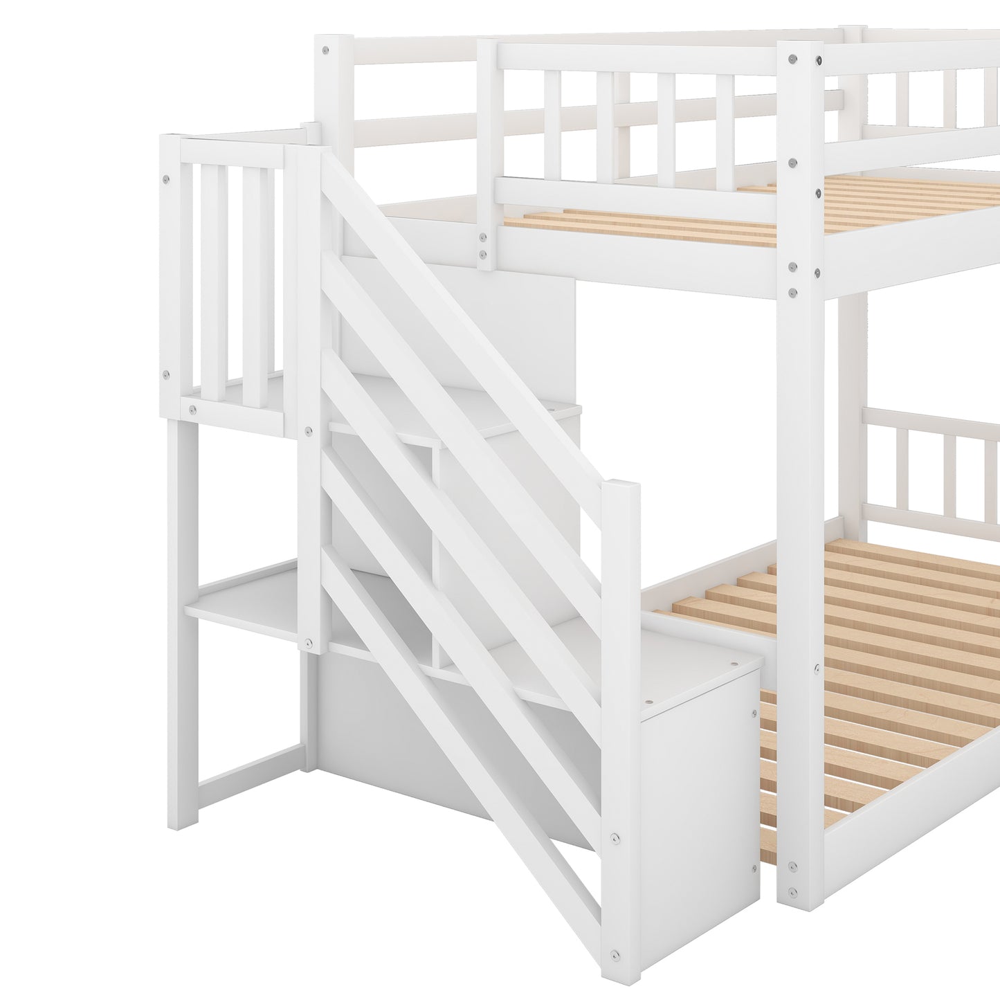 White Twin Floor Bunk Bed with Ladder and Storage