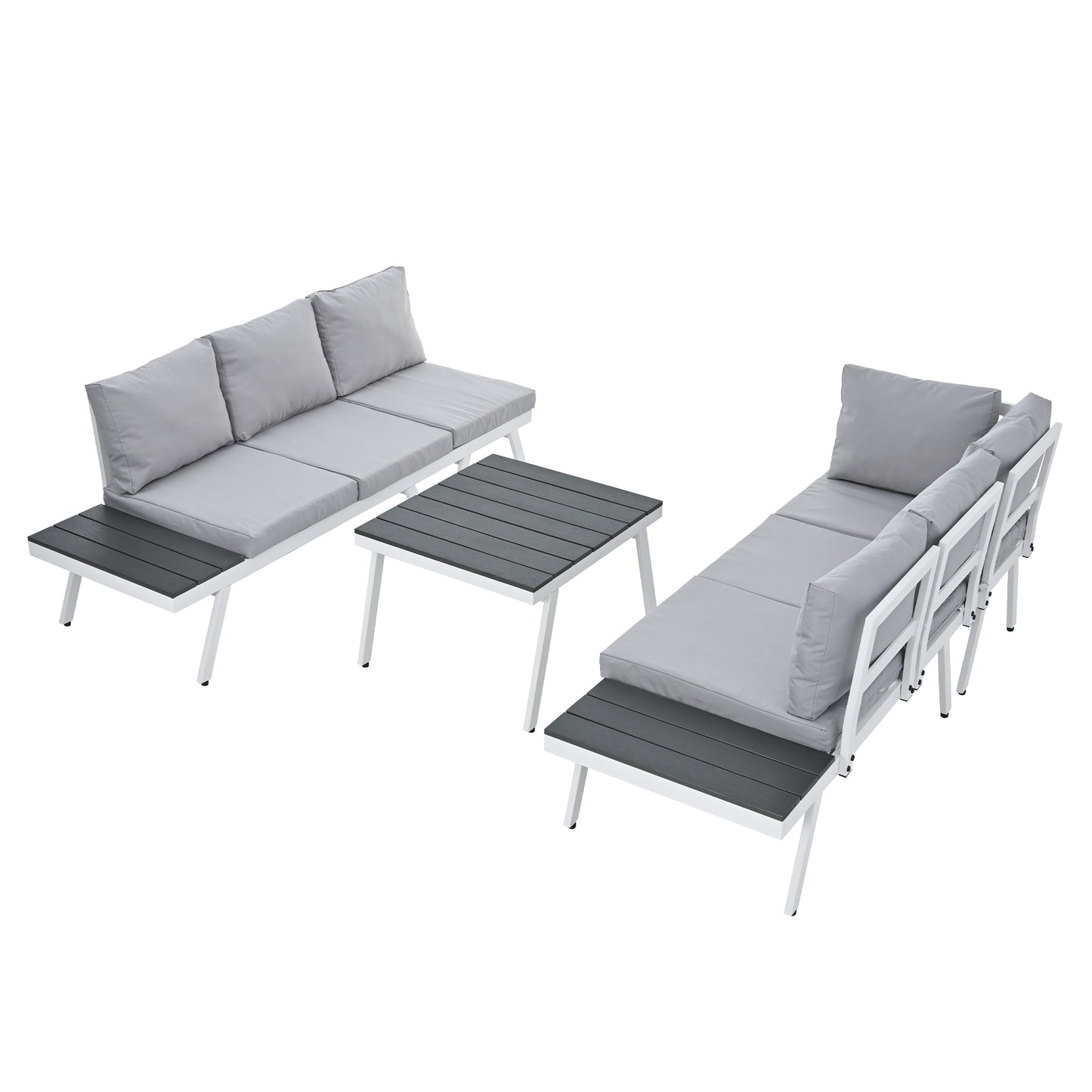 Aluminum Outdoor Patio Furniture Set with End Tables and Coffee Table, White and Grey Sectional Sofa Set