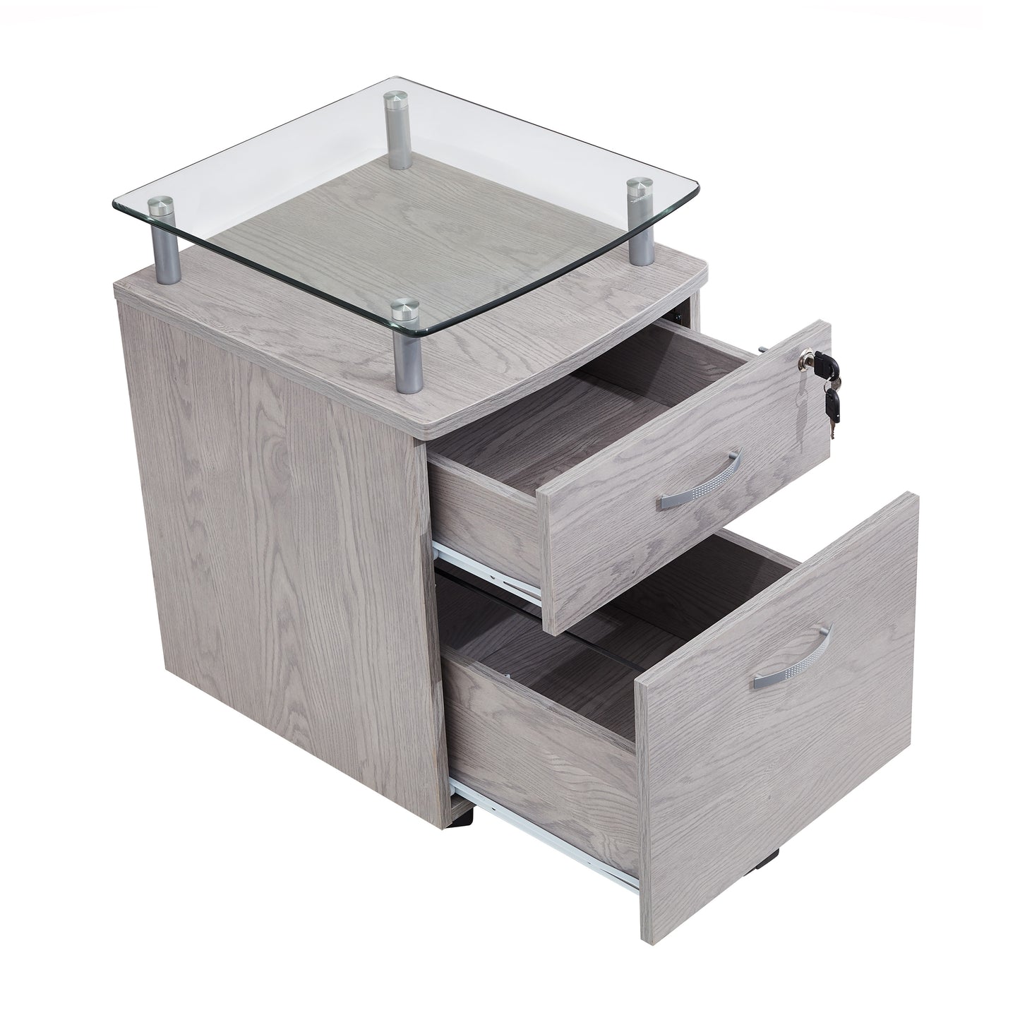 Grey Rolling File Cabinet with Glass Top