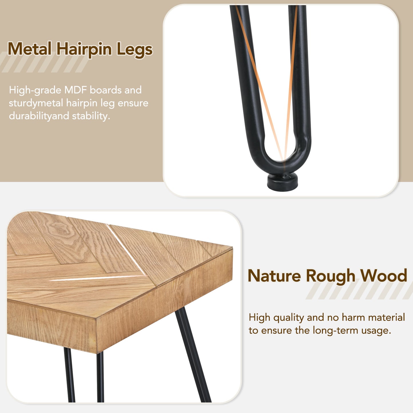 Stylish Ash Wood Coffee Table with Metal Hairpin Legs