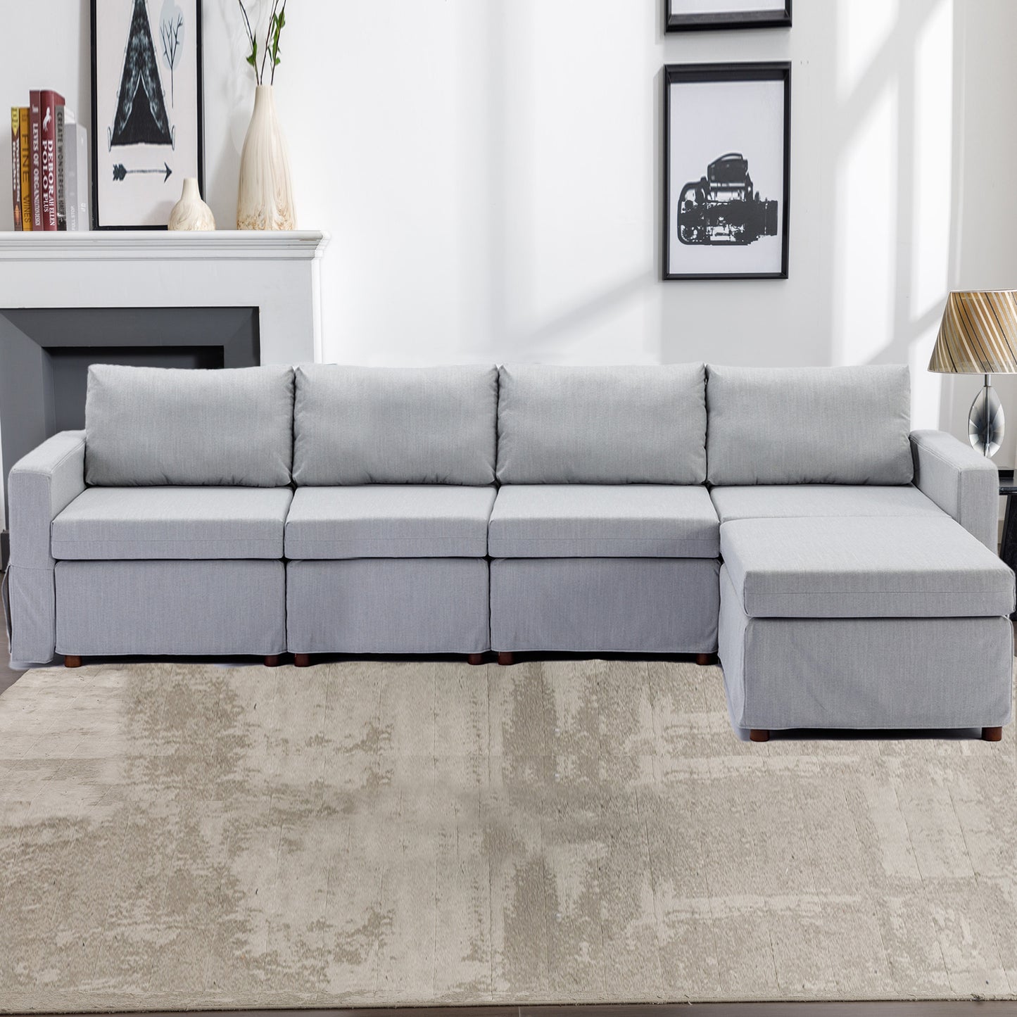 4-Seat Modern Light Grey Sectional Sofa Set with Ottoman and Washable Cushions