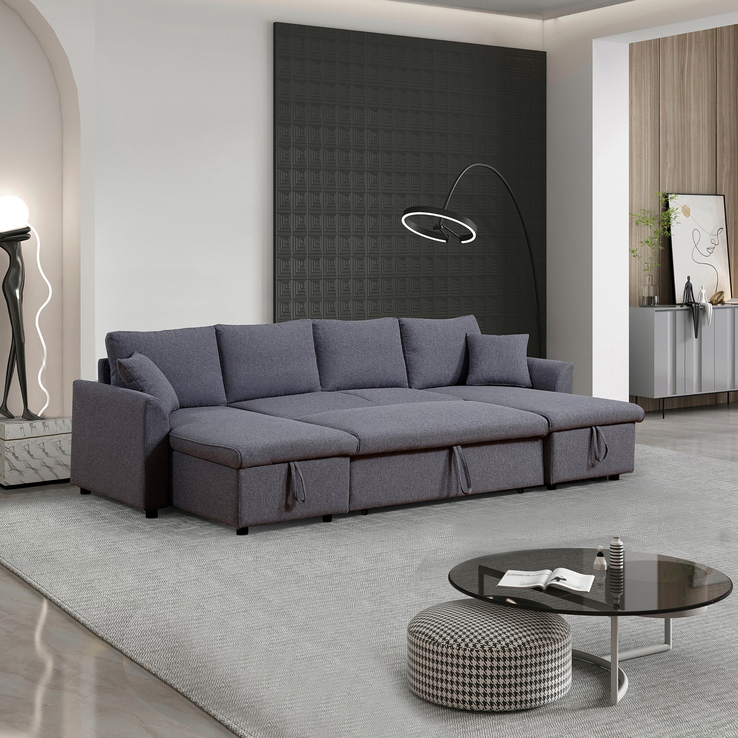 Artemax  U-Shape Pull-out Sleeper Sectional Sofa with Double Storage Spaces ,Dark gray