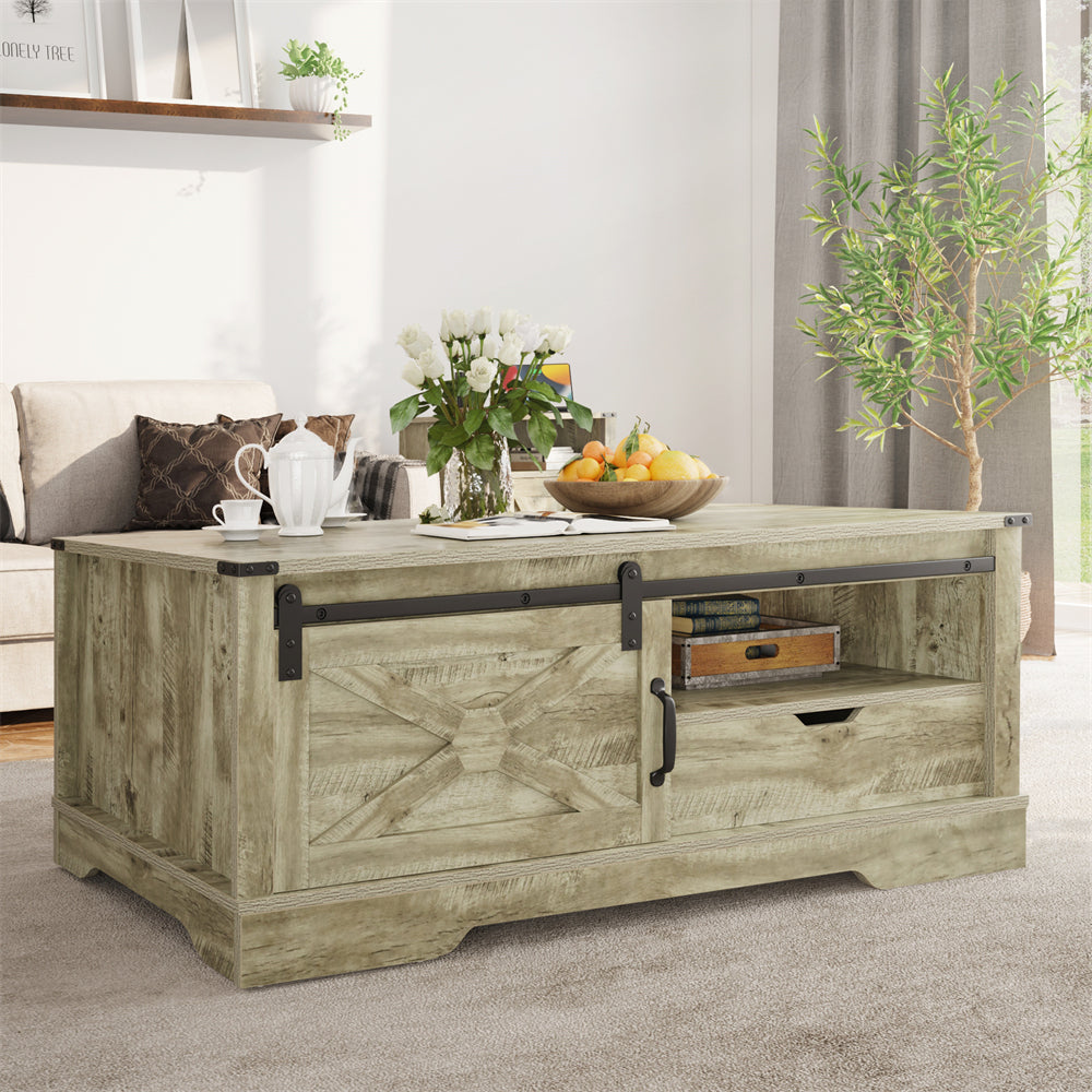 Light Gray Wood Barn Door Coffee Table with Storage and Sliding Door