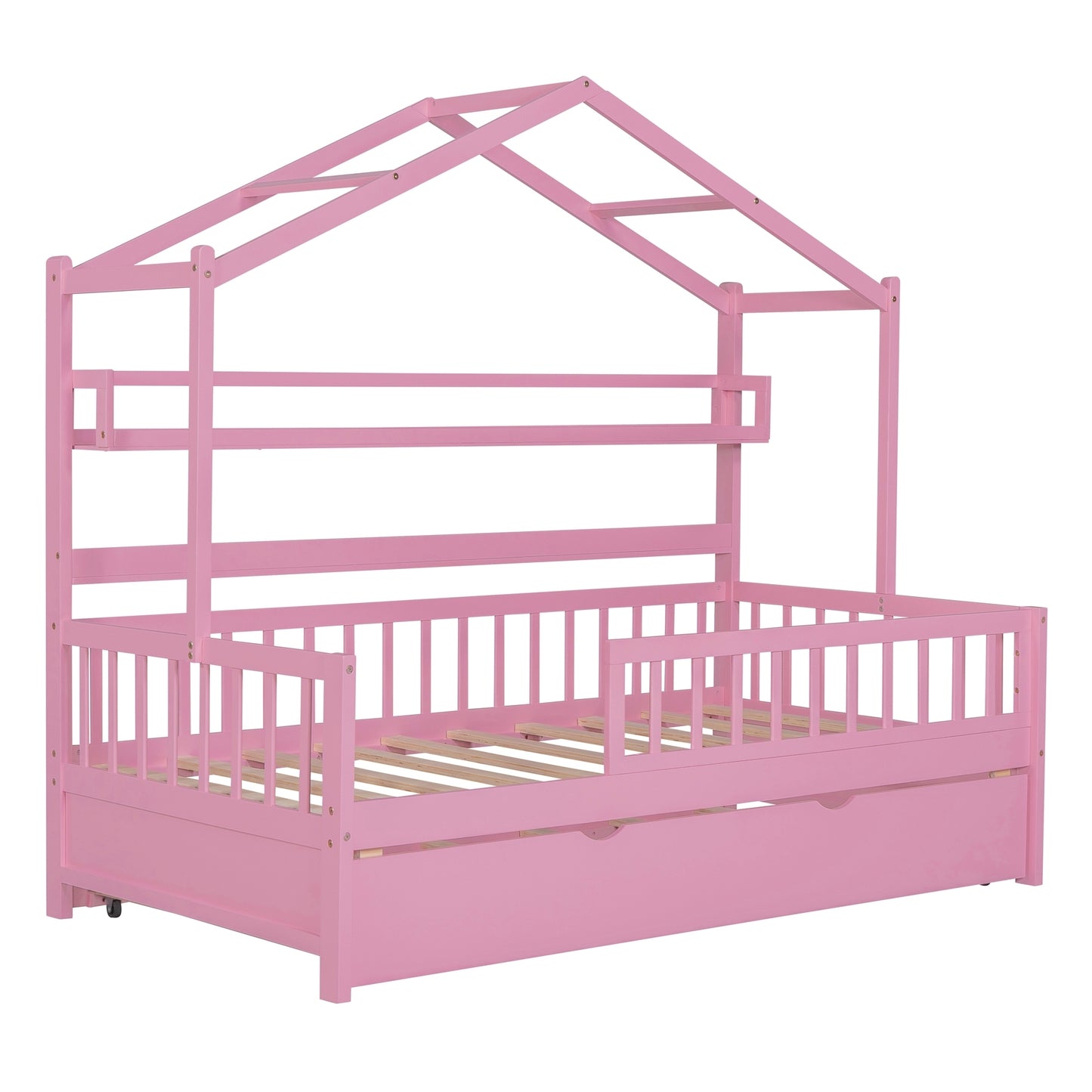 Wooden Twin Size House Bed with Trundle,Kids Bed with Shelf, Pink