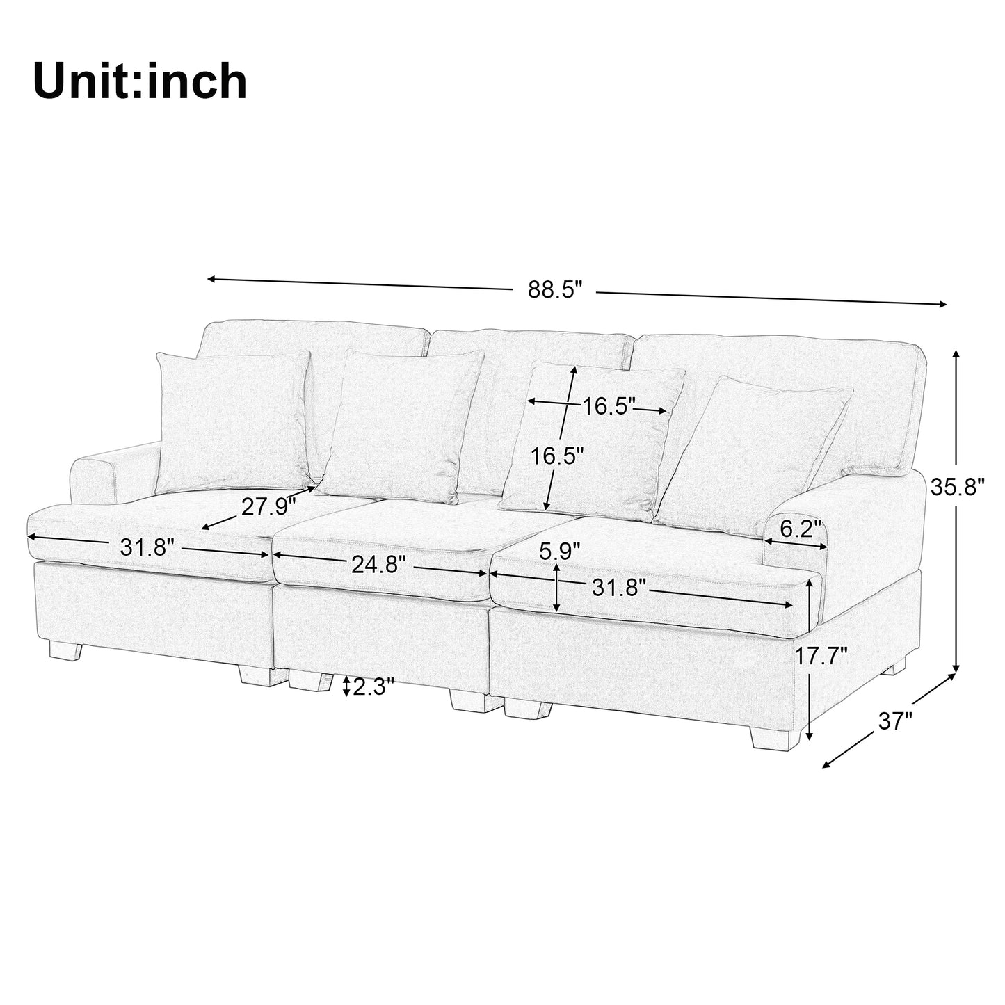 U_STYLE 3 Seat Sofa with Removable Back and Seat Cushions and 4 Comfortable Pillows