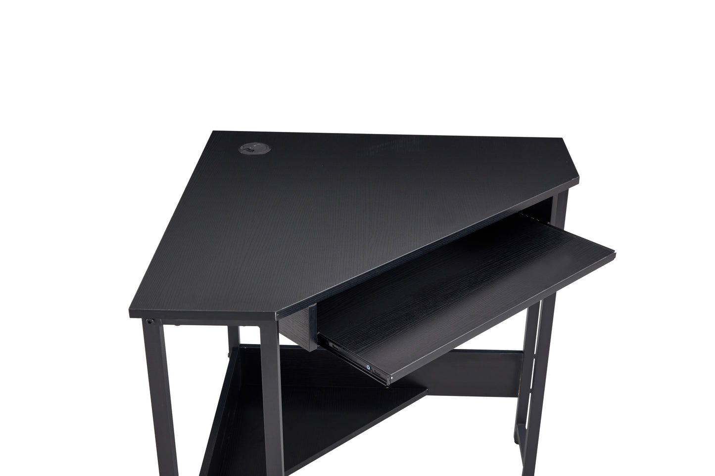 Sleek Black Triangle Desk with Keyboard Tray and Storage Shelves