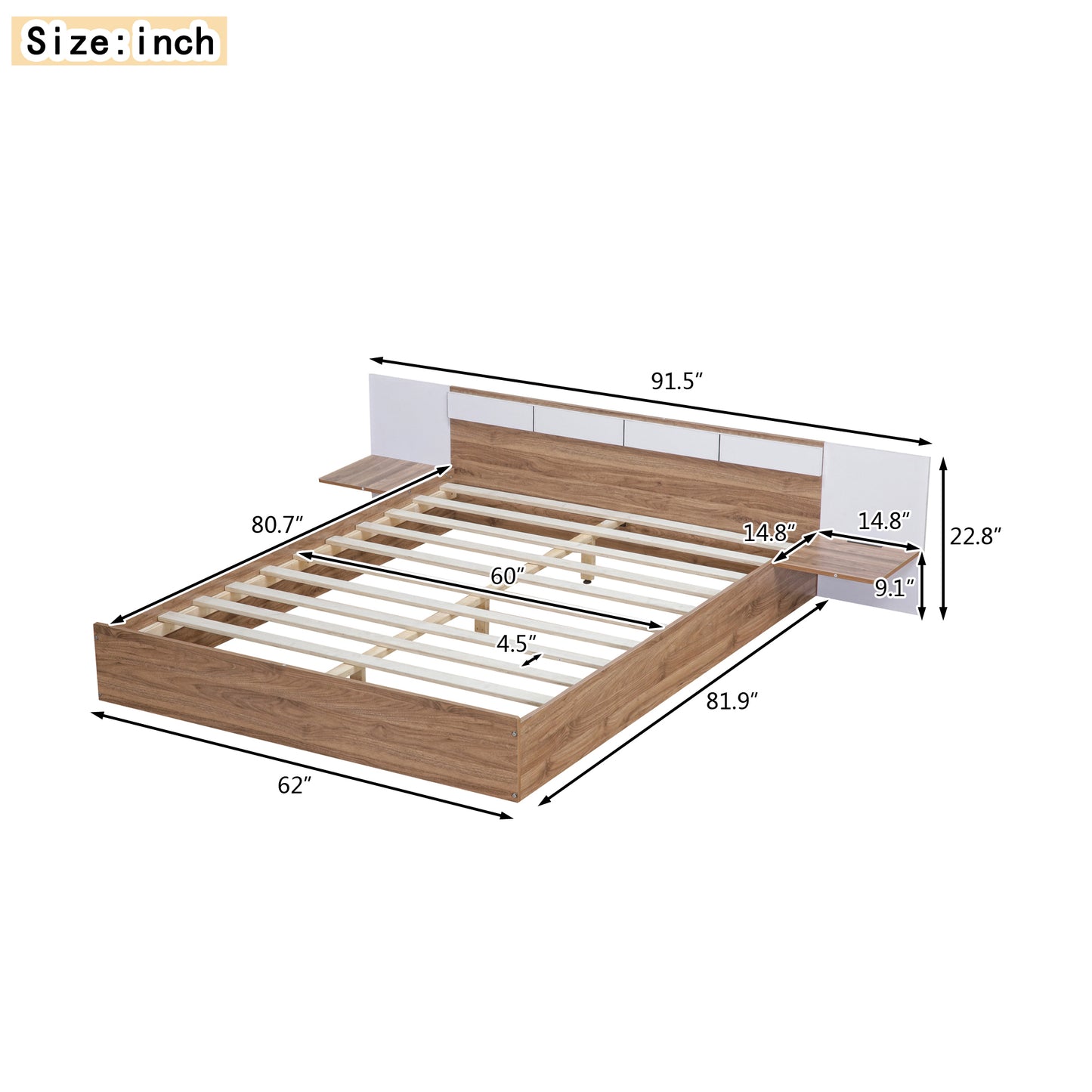 Queen Size Platform Bed with Headboard, Shelves, USB Ports and Sockets, Natural