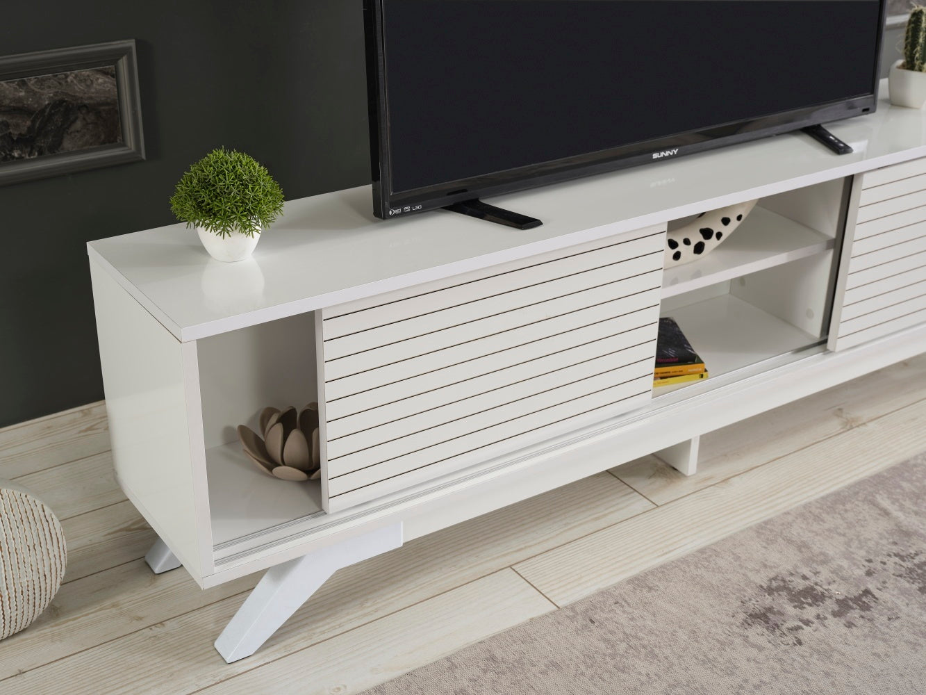 Luxia Mid Century Modern TV Stand with Storage Cabinets and Shelves in White