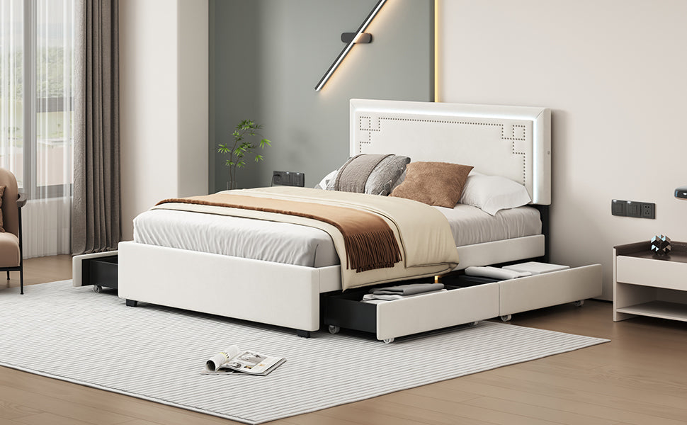 Queen Size Upholstered Platform Bed with Rivet-decorated Headboard, LED bed frame and 4 Drawers, Beige