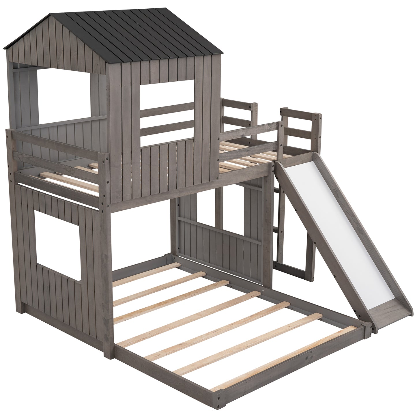 Playhouse Twin Over Full Bunk Bed with Ladder, Slide, and Guardrails in Farmhouse Style