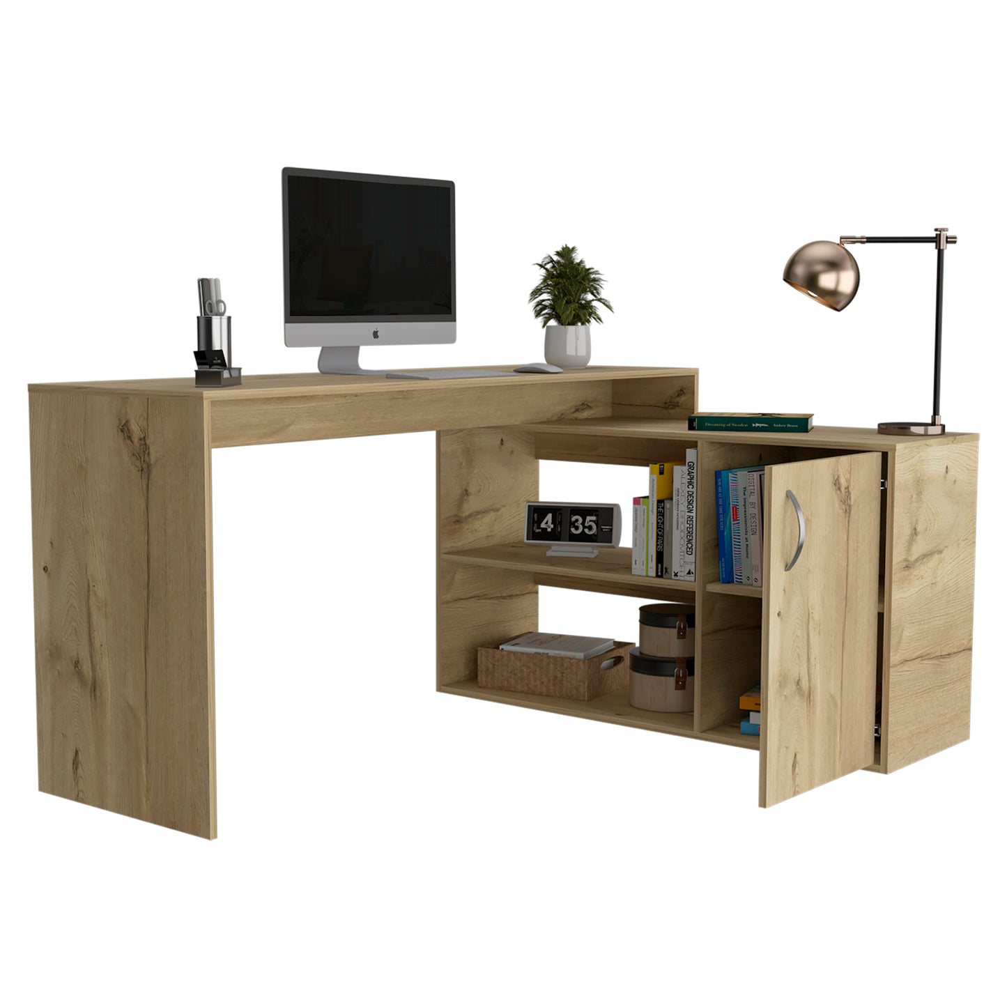 Contemporary Light Oak L-Shaped Office Desk with Spacious Storage Options