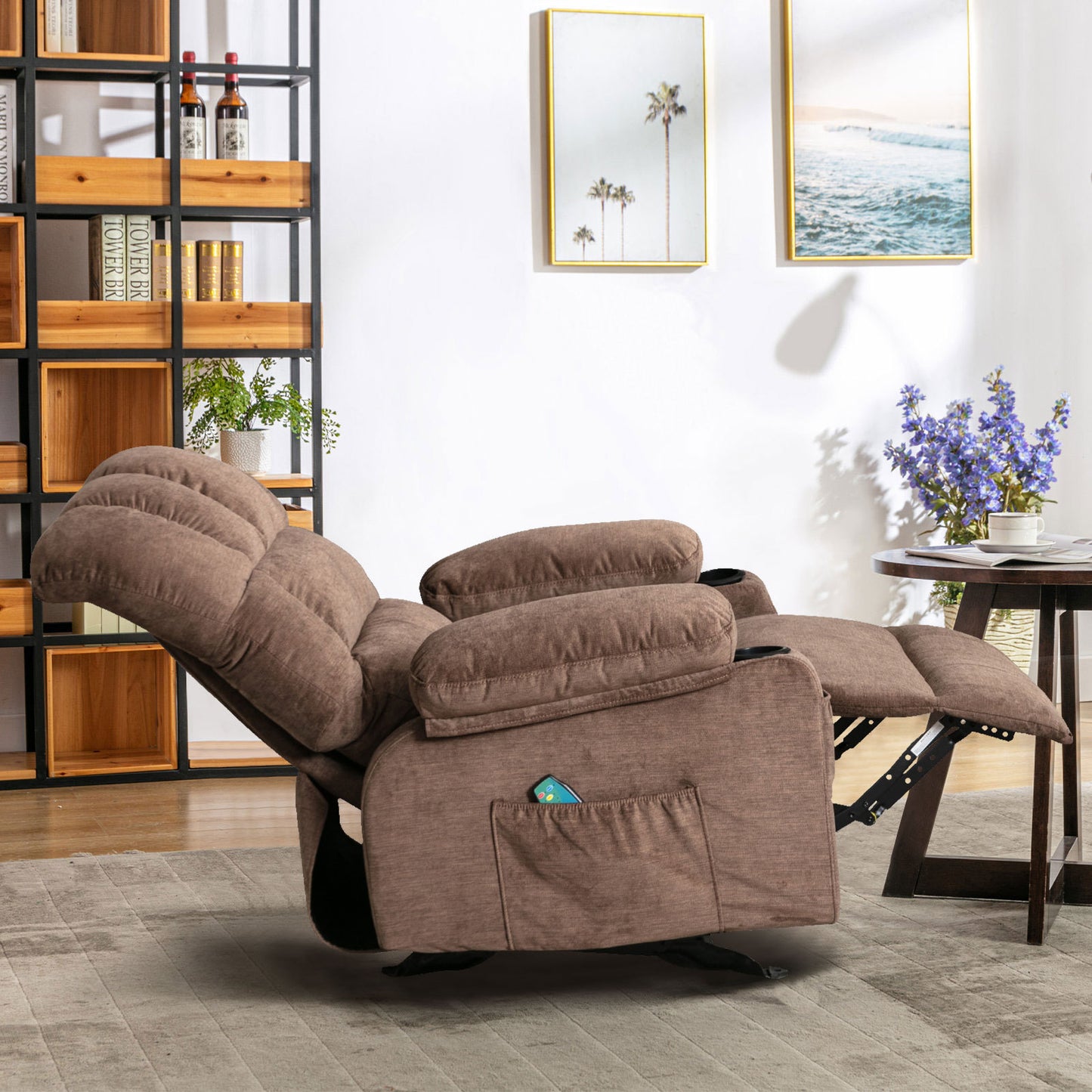 Massage and Heating Brown Recliner Chair with USB and Cup Holders