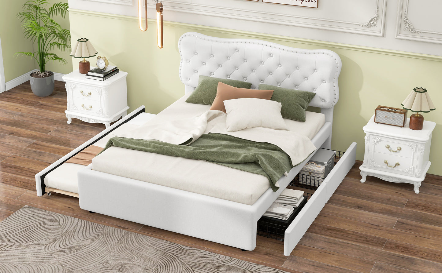 Full Size Upholstery Platform Bed with Storage Drawers and Trundle,White