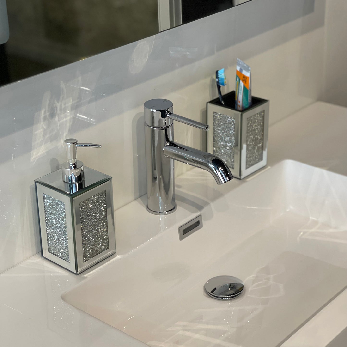 Elegant Glass Bathroom Soap Dispenser and Toothbrush Holder Set with Sophisticated Ambrose Design