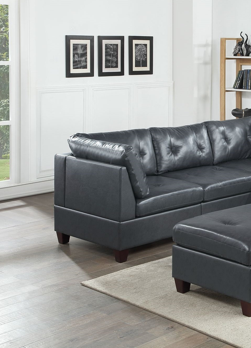 Luxurious Genuine Leather Black Tufted 6-Piece Modular Sectional Sofa Set - Contemporary Living Room Furniture