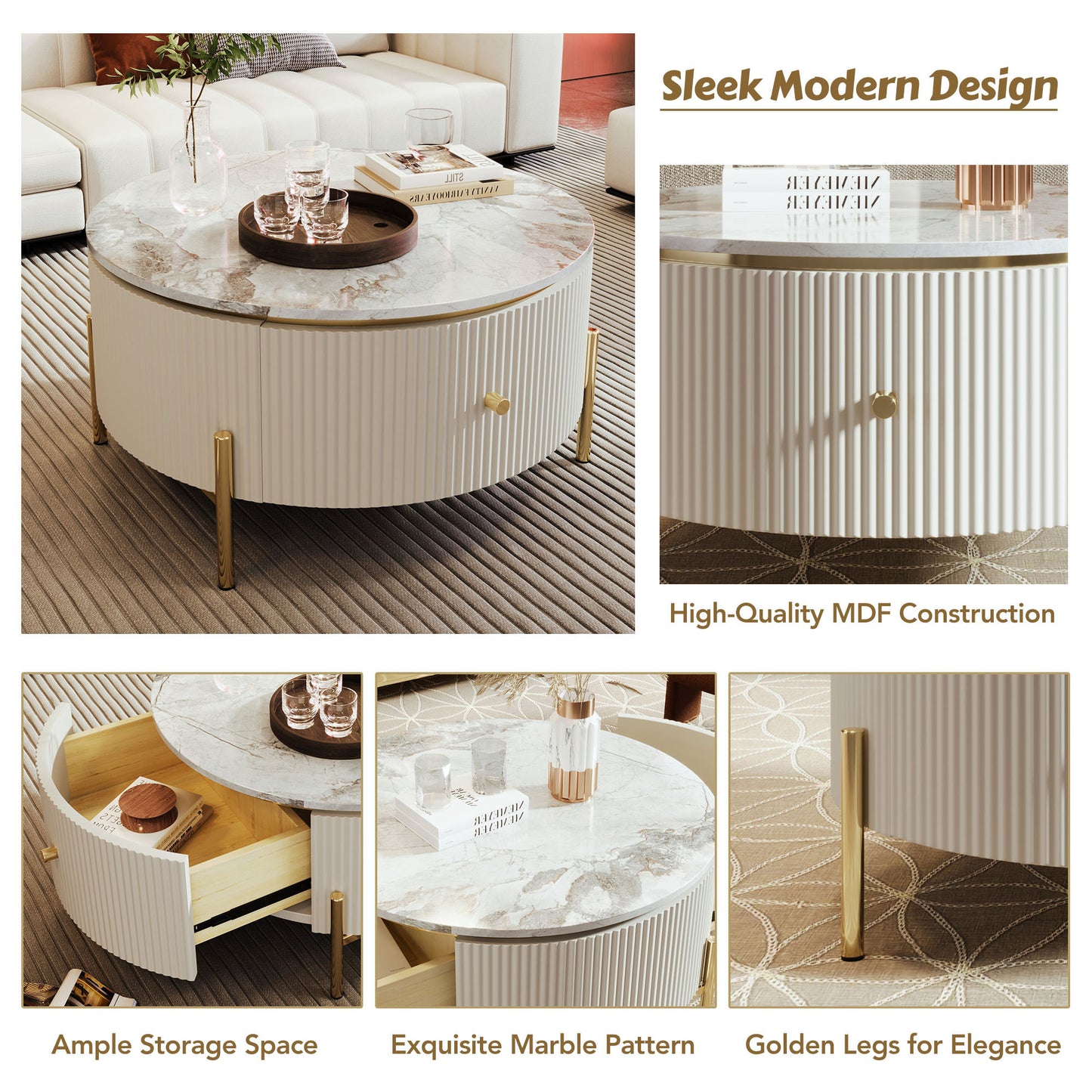 Sleek Round Coffee Table with Two Large Drawers Storage Accent Table (31.5'')