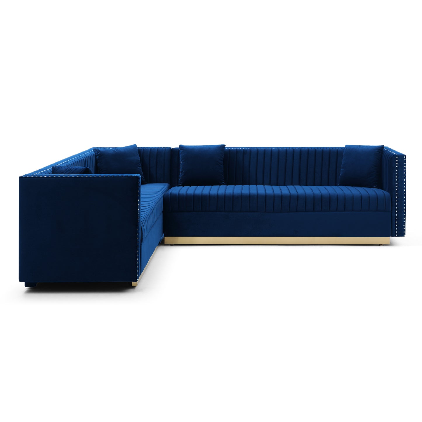 Blue Velvet Sectional Sofa with Channel Tufting and Pillows