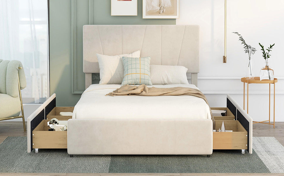 Full Size Upholstery Platform Bed with Four Drawers on Two Sides, Adjustable Headboard, Beige(: WF291773AAA)