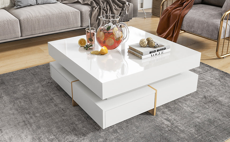 Elegant White High Gloss Coffee Table with Spacious Storage and Wood Grain Legs