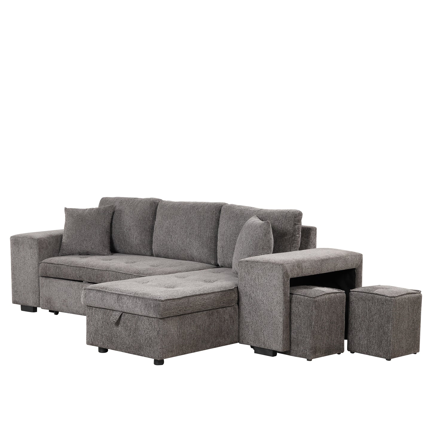 Modern L-Shape 3 Seat Reversible Sectional Sleeper Sofa with Storage Chaise and 2 Stools