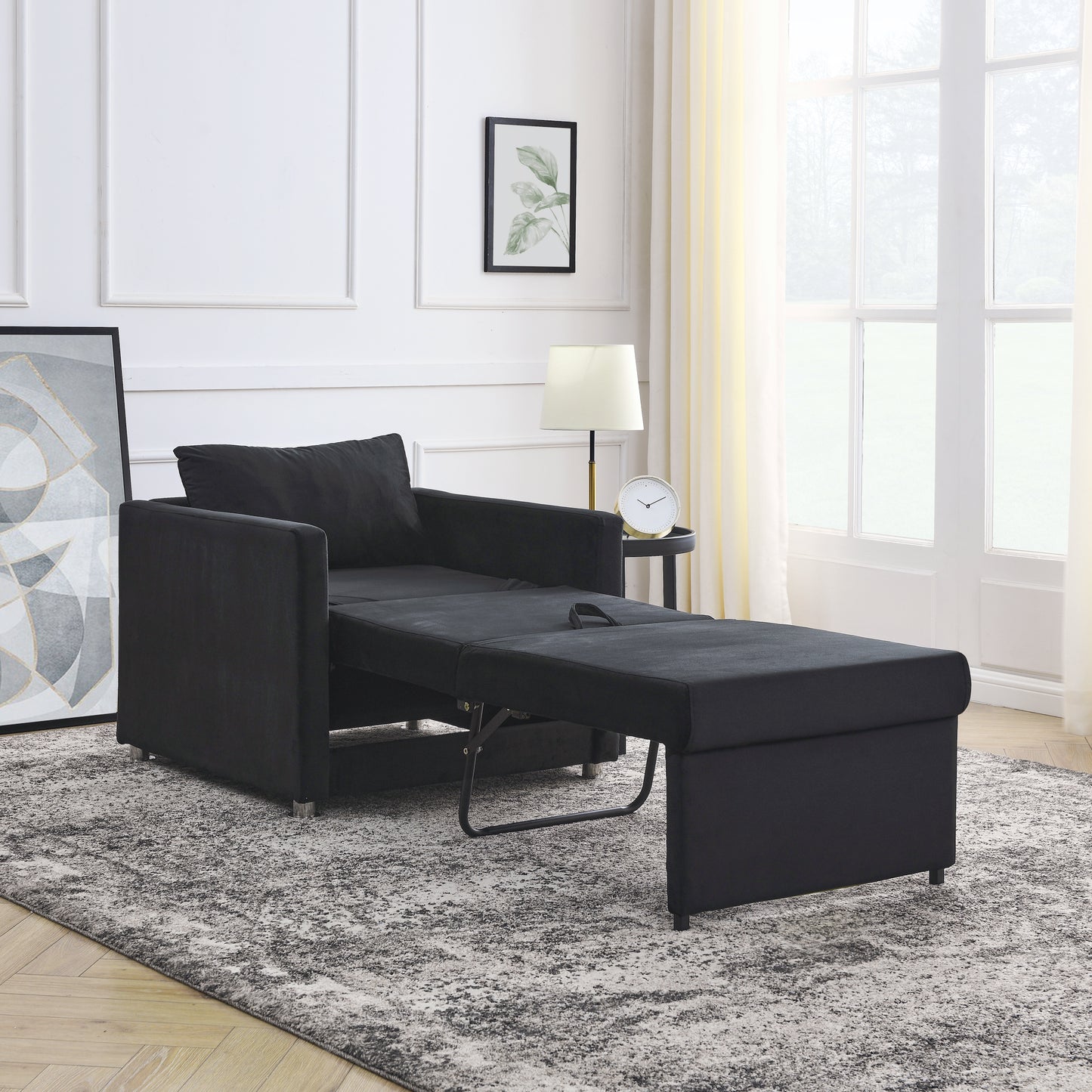 Sofa Bed Chair 2-in-1 Convertible Chair Bed, Lounger Sleeper Chair for Small Space with One Pillow, Black Velvet