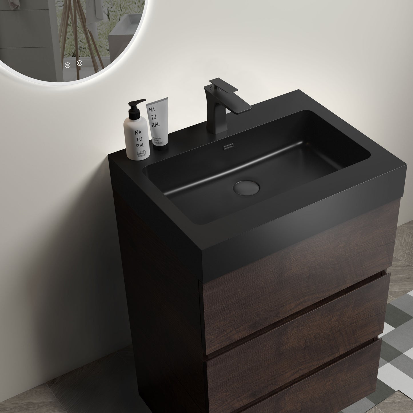 Alice-24F-105,Floor cabinet WITHOUT basin,Walnut color,With three drawers