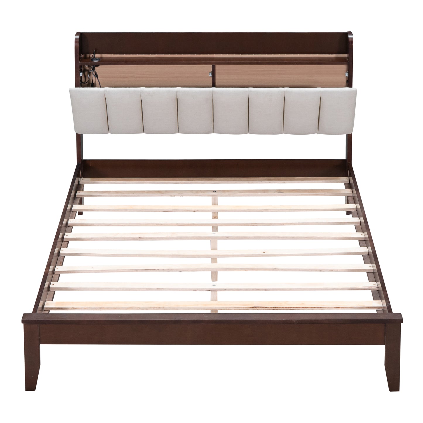 Full size Platform Bed with USB Charging Station and Storage Upholstered Headboard,LED Bed Frame,No Box Spring Needed,Walnut+Beige