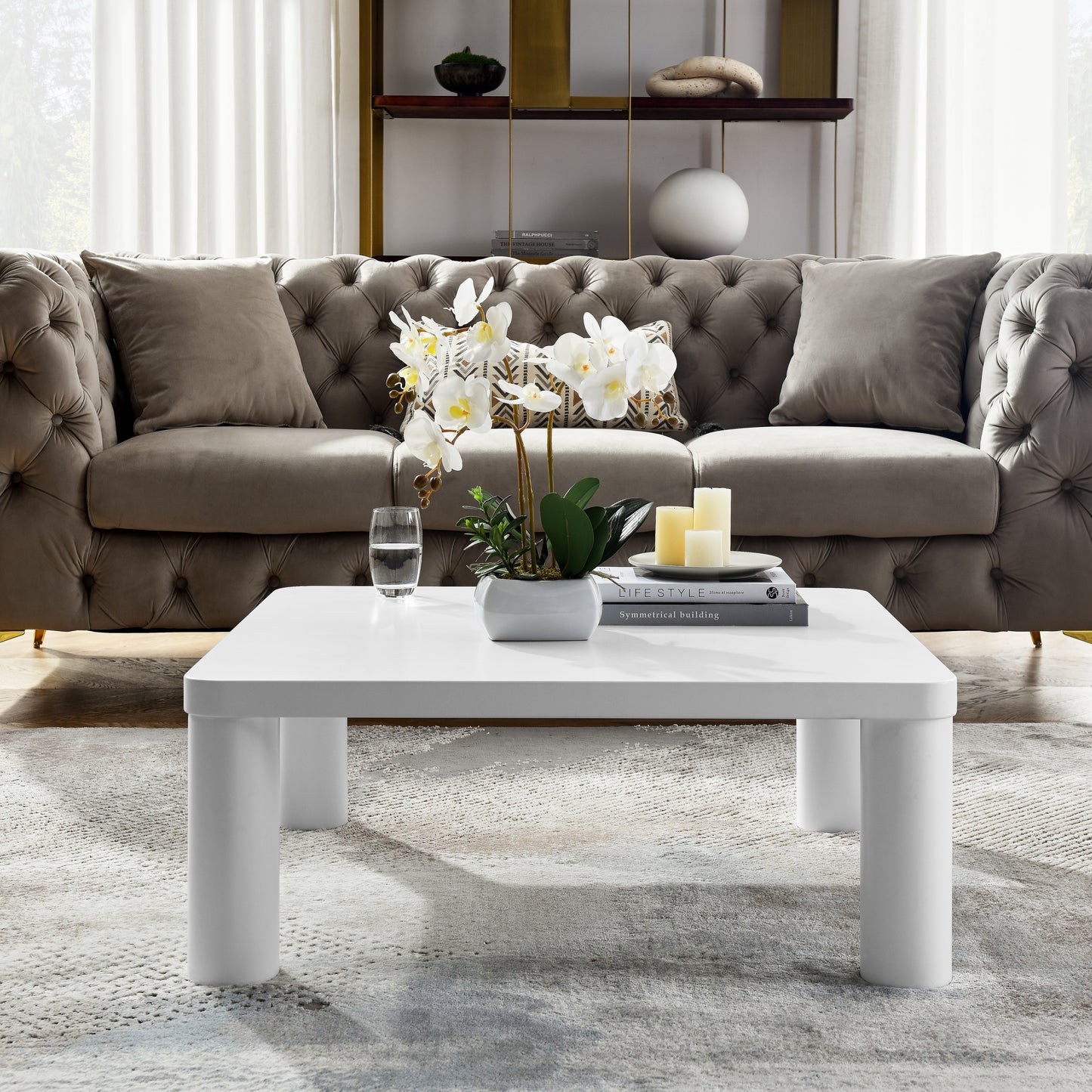 Cream White Square Coffee Table with Rounded Corner Design